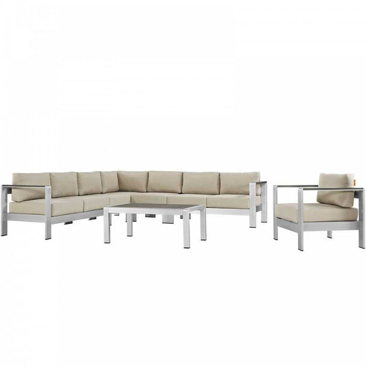 Shore 7 Piece Outdoor Patio Aluminum Sectional Sofa Set, Silver Beige