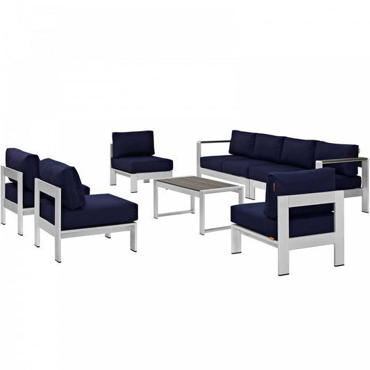 Shore 7 Piece Outdoor Patio Sectional Sofa Set, Silver Navy
