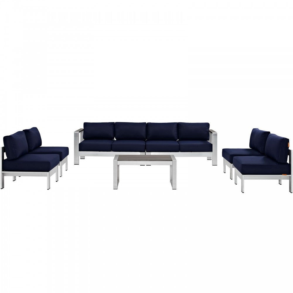 Shore 7 Piece Outdoor Patio Sectional Sofa Set, Silver Navy