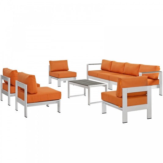 Shore 7 Piece Outdoor Patio Sectional Sofa Set, Silver Orange