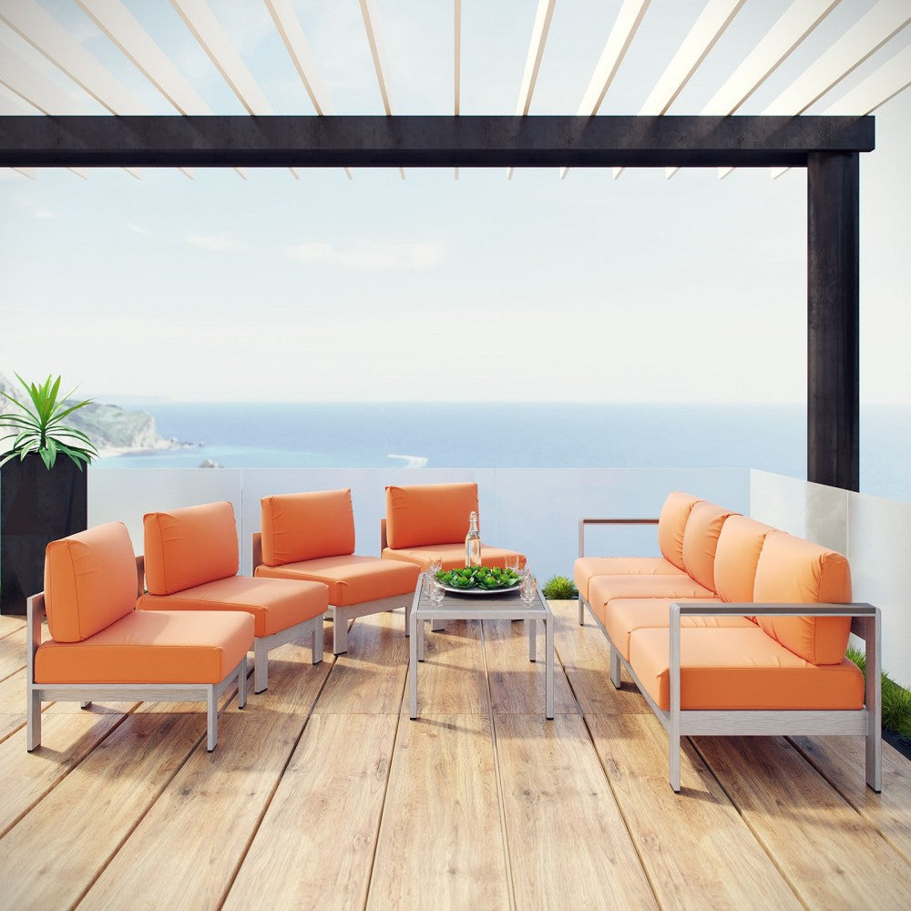 Shore 7 Piece Outdoor Patio Sectional Sofa Set, Silver Orange