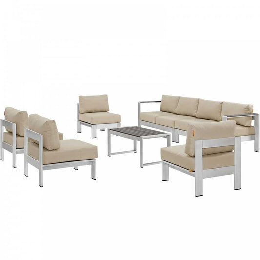 Shore 7 Piece Outdoor Patio Sectional Sofa Set, Silver Beige