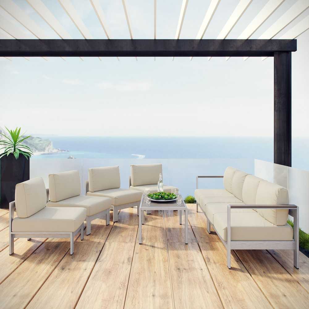 Shore 7 Piece Outdoor Patio Sectional Sofa Set, Silver Beige