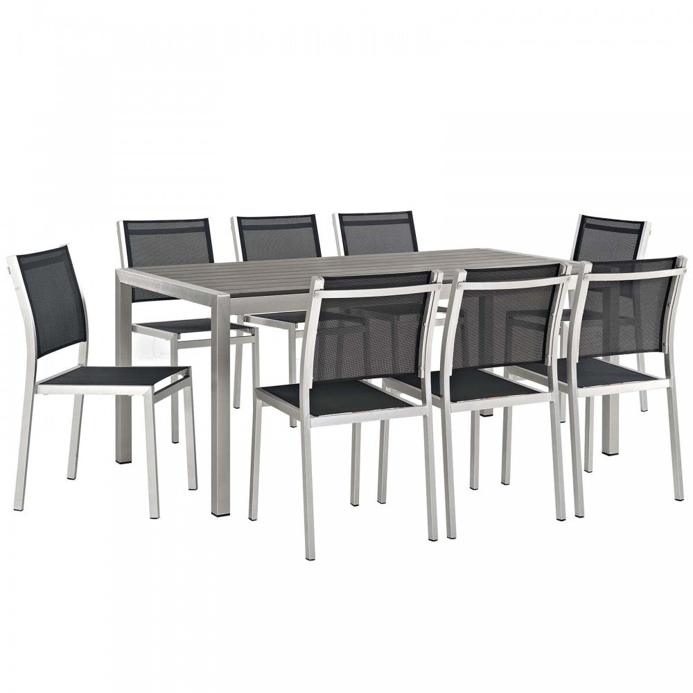 Shore 9 Piece Outdoor Patio Aluminum Dining Set, Silver Black, EEI-2583-SLV-BLK-SET