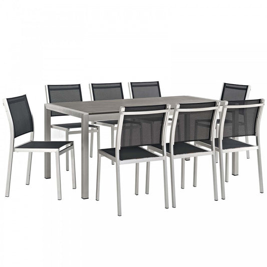 Shore 9 Piece Outdoor Patio Aluminum Dining Set, Silver Black, EEI-2583-SLV-BLK-SET