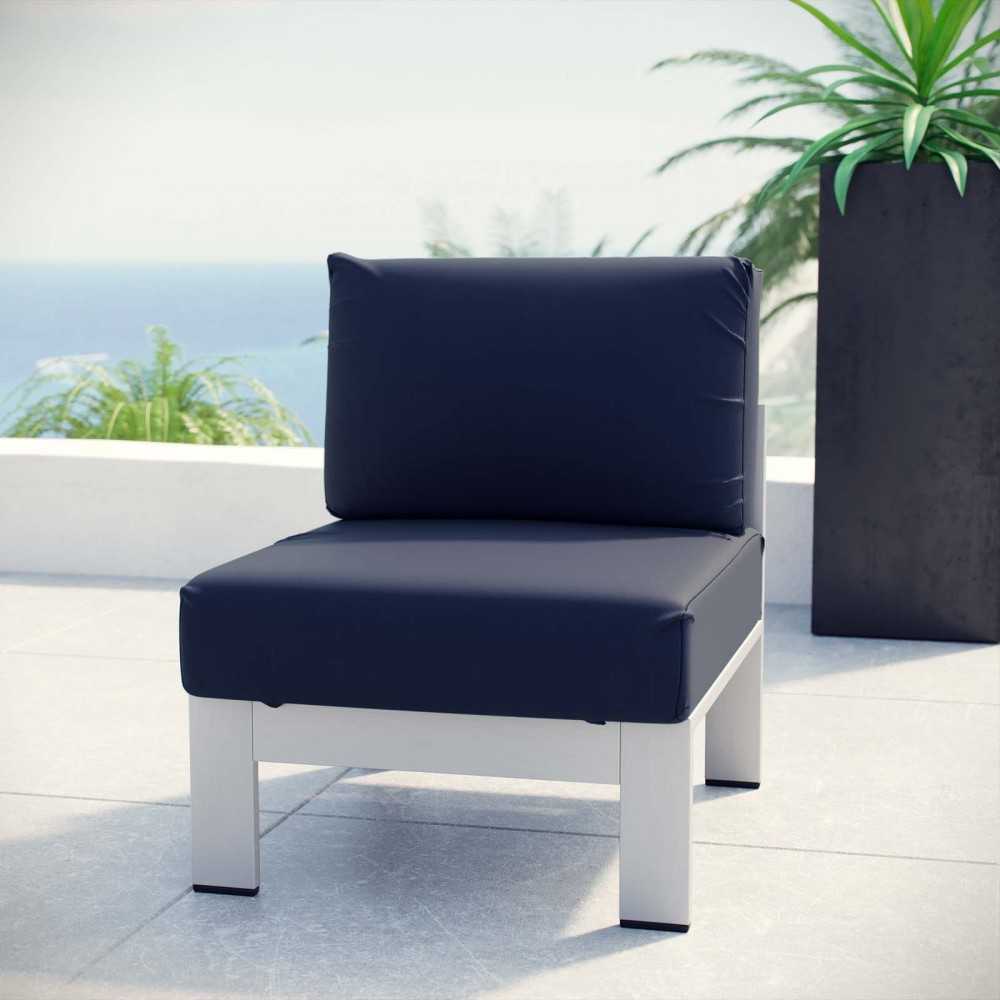 Shore Armless Outdoor Patio Aluminum Chair, Silver Navy