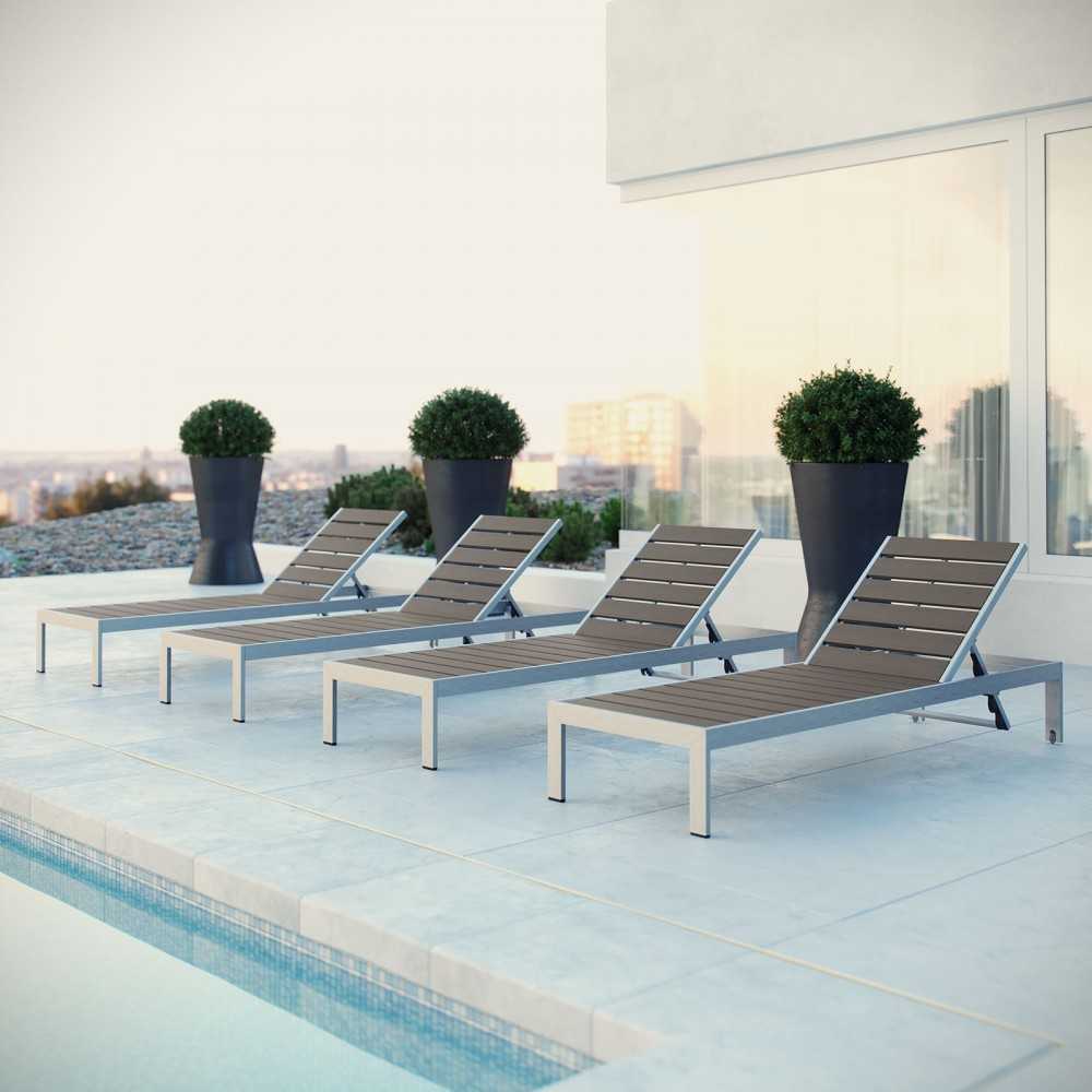 Shore Chaise Outdoor Patio Aluminum Set of 4, Silver Gray, EEI-2468-SLV-GRY-SET