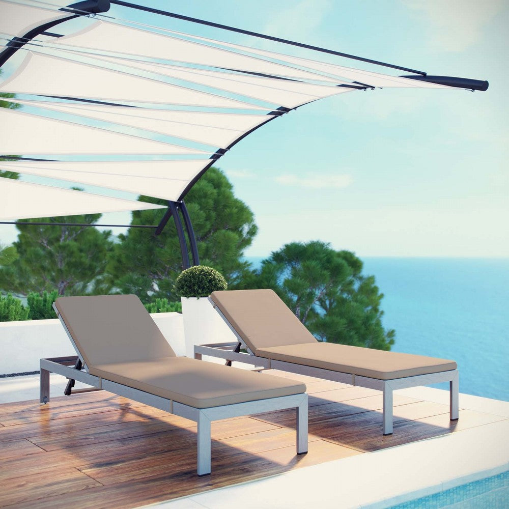 Shore Chaise with Cushions Outdoor Patio Aluminum Set of 2, Silver Mocha