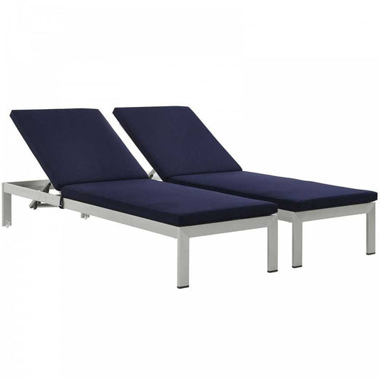 Shore Chaise with Cushions Outdoor Patio Aluminum Set of 2, Silver Navy