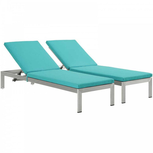 Shore Chaise with Cushions Outdoor Patio Aluminum Set of 2, Silver Turquoise