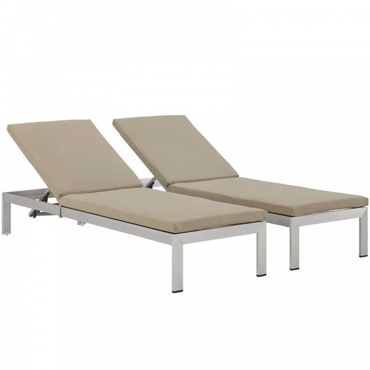 Shore Chaise with Cushions Outdoor Patio Aluminum Set of 2, Silver Beige