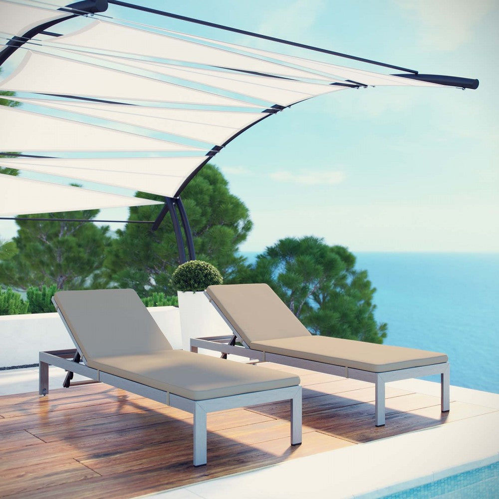 Shore Chaise with Cushions Outdoor Patio Aluminum Set of 2, Silver Beige