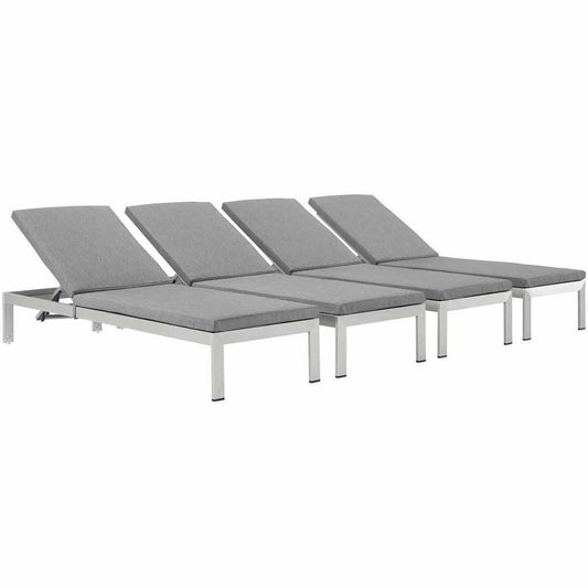 Shore Chaise with Cushions Outdoor Patio Aluminum Set of 4, Silver Gray
