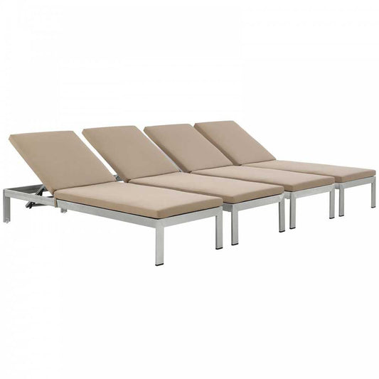 Shore Chaise with Cushions Outdoor Patio Aluminum Set of 4, Silver Mocha