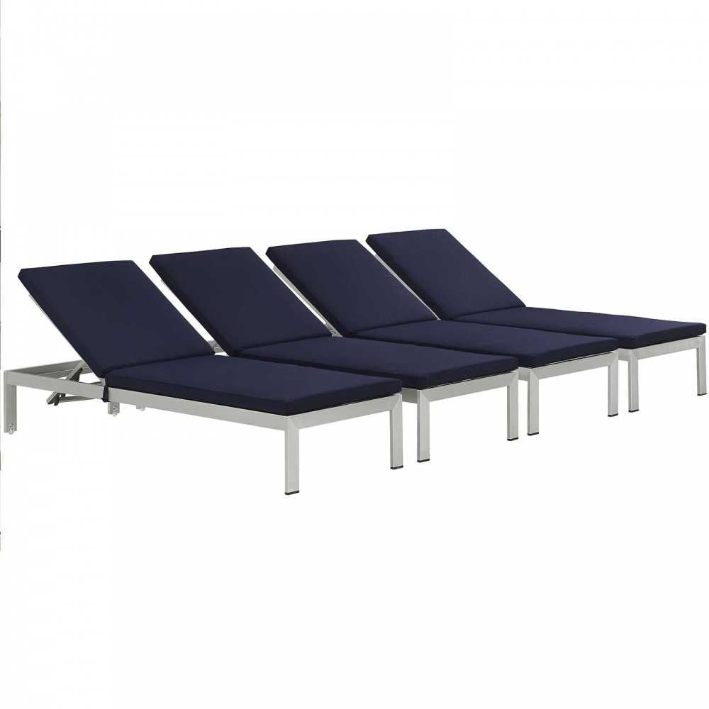 Shore Chaise with Cushions Outdoor Patio Aluminum Set of 4, Silver Navy