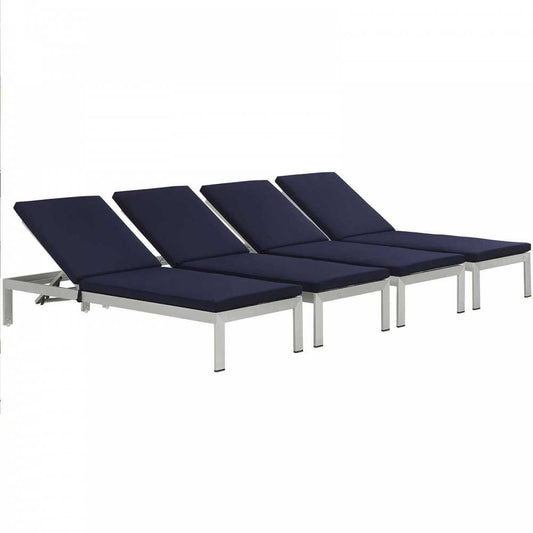 Shore Chaise with Cushions Outdoor Patio Aluminum Set of 4, Silver Navy