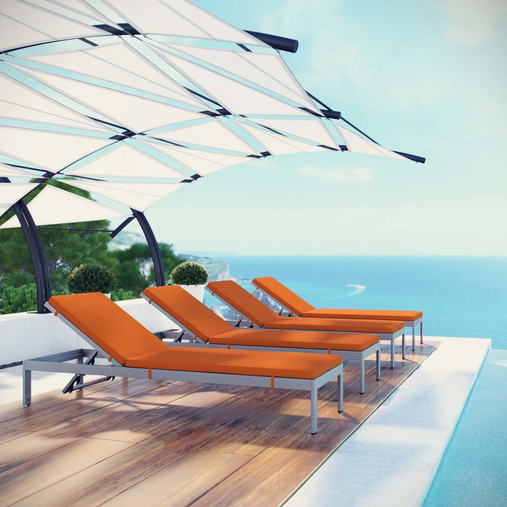 Shore Chaise with Cushions Outdoor Patio Aluminum Set of 4, Silver Orange