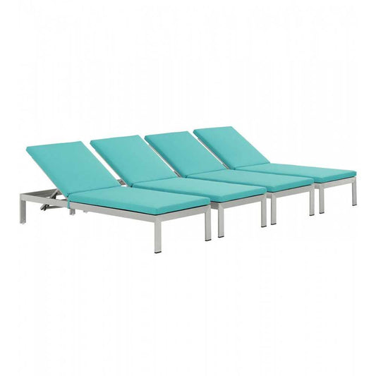 Shore Chaise with Cushions Outdoor Patio Aluminum Set of 4, Silver Turquoise