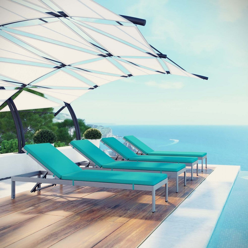 Shore Chaise with Cushions Outdoor Patio Aluminum Set of 4, Silver Turquoise