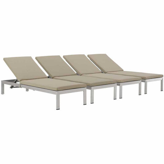 Shore Chaise with Cushions Outdoor Patio Aluminum Set of 4, Silver Beige