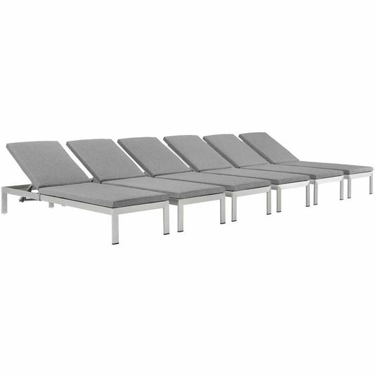 Shore Chaise with Cushions Outdoor Patio Aluminum Set of 6, Silver Gray