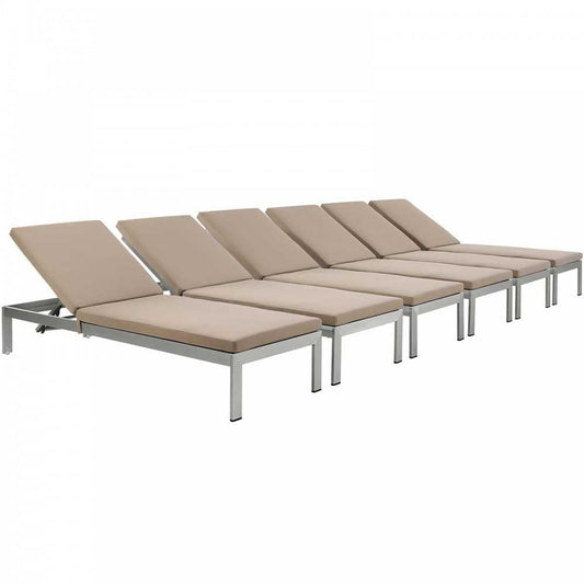 Shore Chaise with Cushions Outdoor Patio Aluminum Set of 6, Silver Mocha