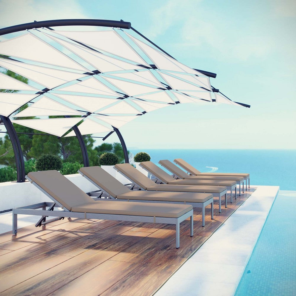 Shore Chaise with Cushions Outdoor Patio Aluminum Set of 6, Silver Mocha