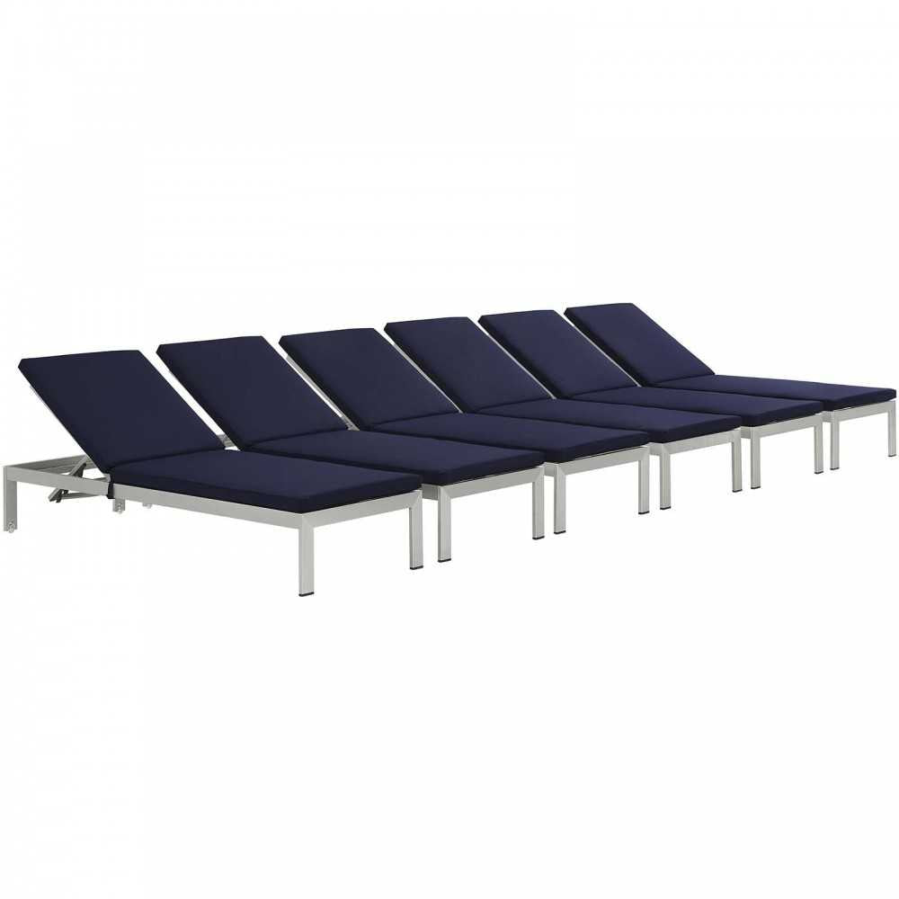 Shore Chaise with Cushions Outdoor Patio Aluminum Set of 6, Silver Navy
