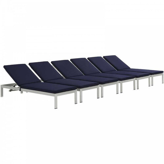Shore Chaise with Cushions Outdoor Patio Aluminum Set of 6, Silver Navy