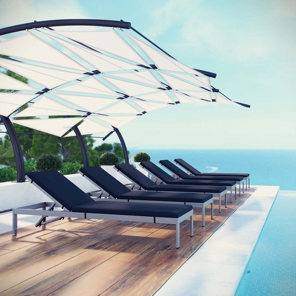 Shore Chaise with Cushions Outdoor Patio Aluminum Set of 6, Silver Navy