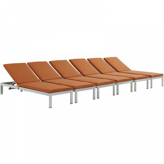Shore Chaise with Cushions Outdoor Patio Aluminum Set of 6, Silver Orange