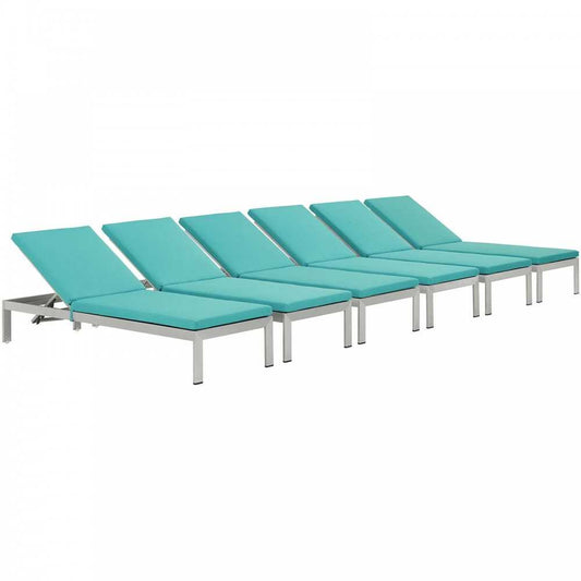 Shore Chaise with Cushions Outdoor Patio Aluminum Set of 6, Silver Turquoise