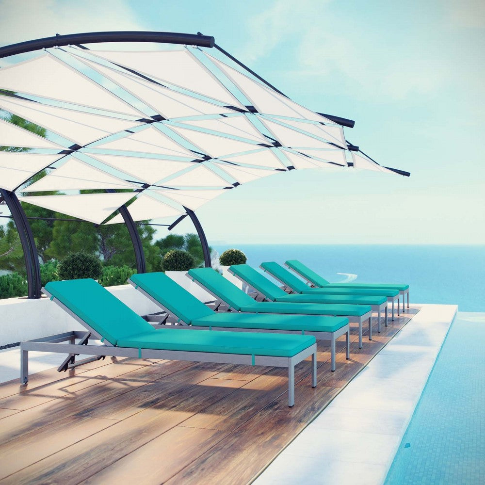 Shore Chaise with Cushions Outdoor Patio Aluminum Set of 6, Silver Turquoise