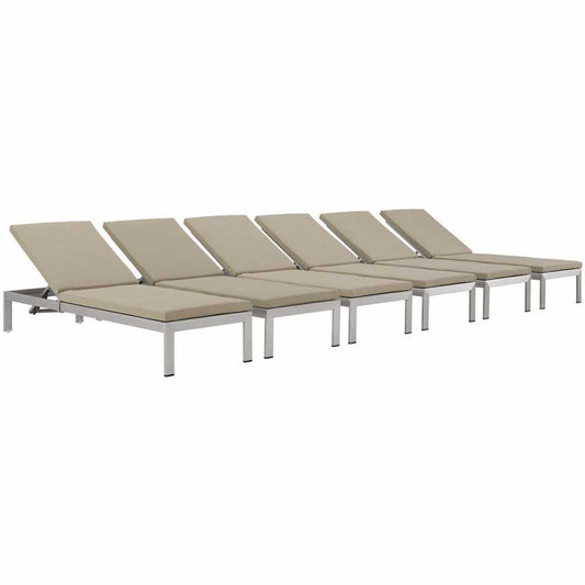 Shore Chaise with Cushions Outdoor Patio Aluminum Set of 6, Silver Beige