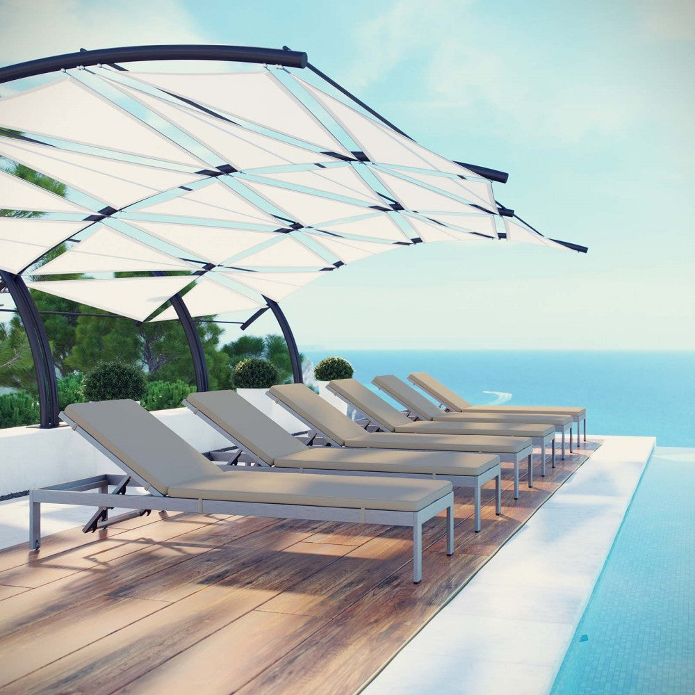 Shore Chaise with Cushions Outdoor Patio Aluminum Set of 6, Silver Beige