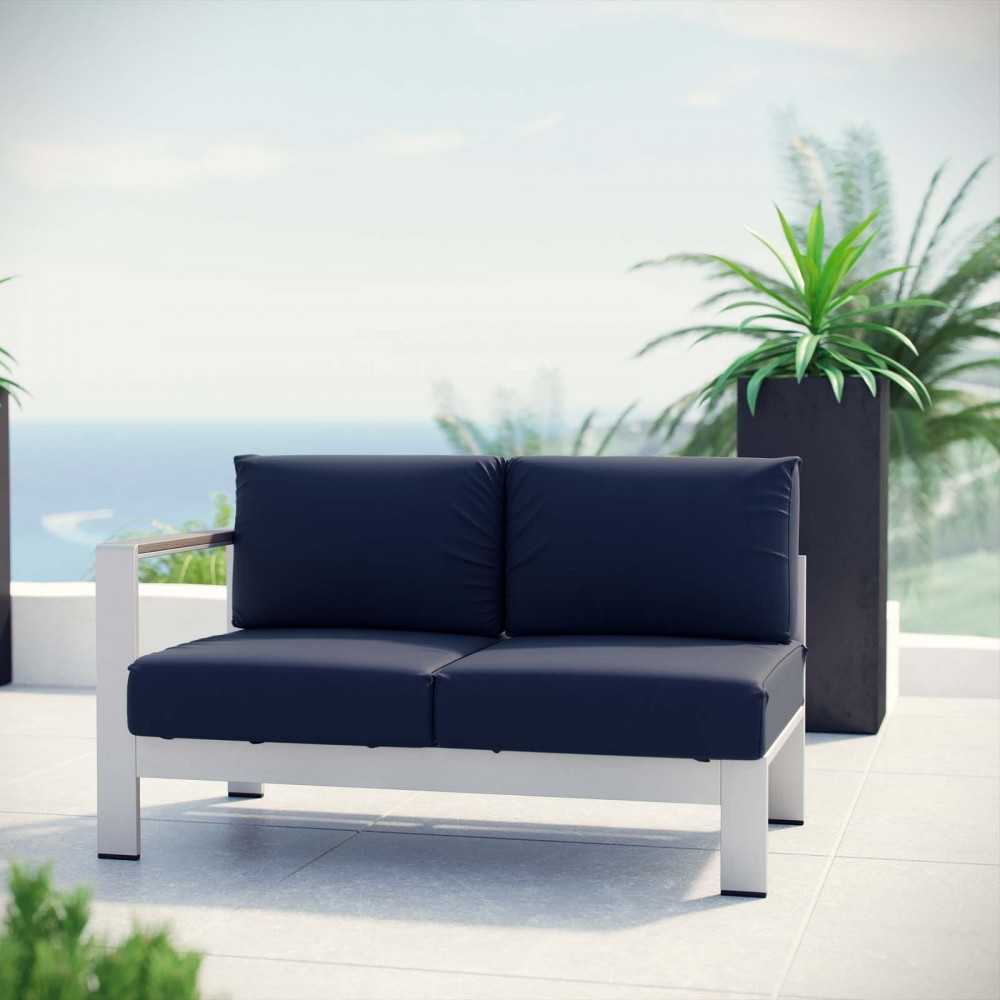 Shore Left-Arm Corner Sectional Outdoor Patio Aluminum Loveseat, Silver Navy
