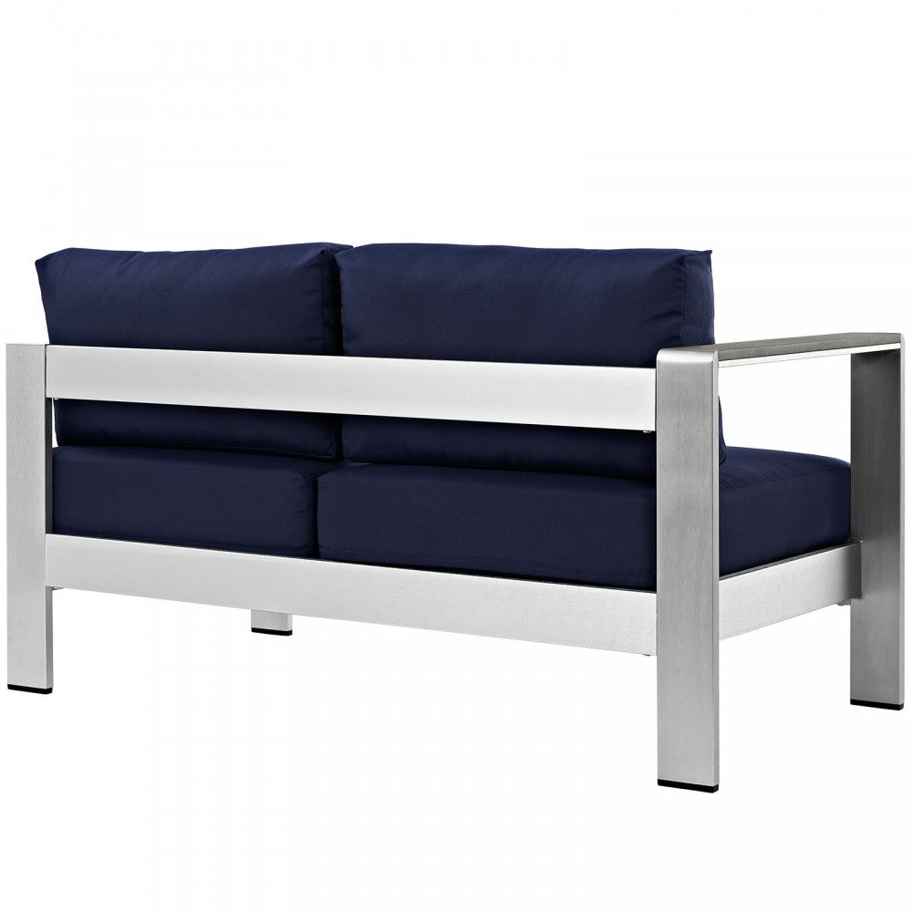 Shore Left-Arm Corner Sectional Outdoor Patio Aluminum Loveseat, Silver Navy