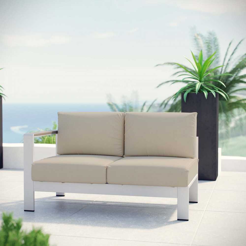 Shore Left-Arm Corner Sectional Outdoor Patio Aluminum Loveseat, Silver Beige