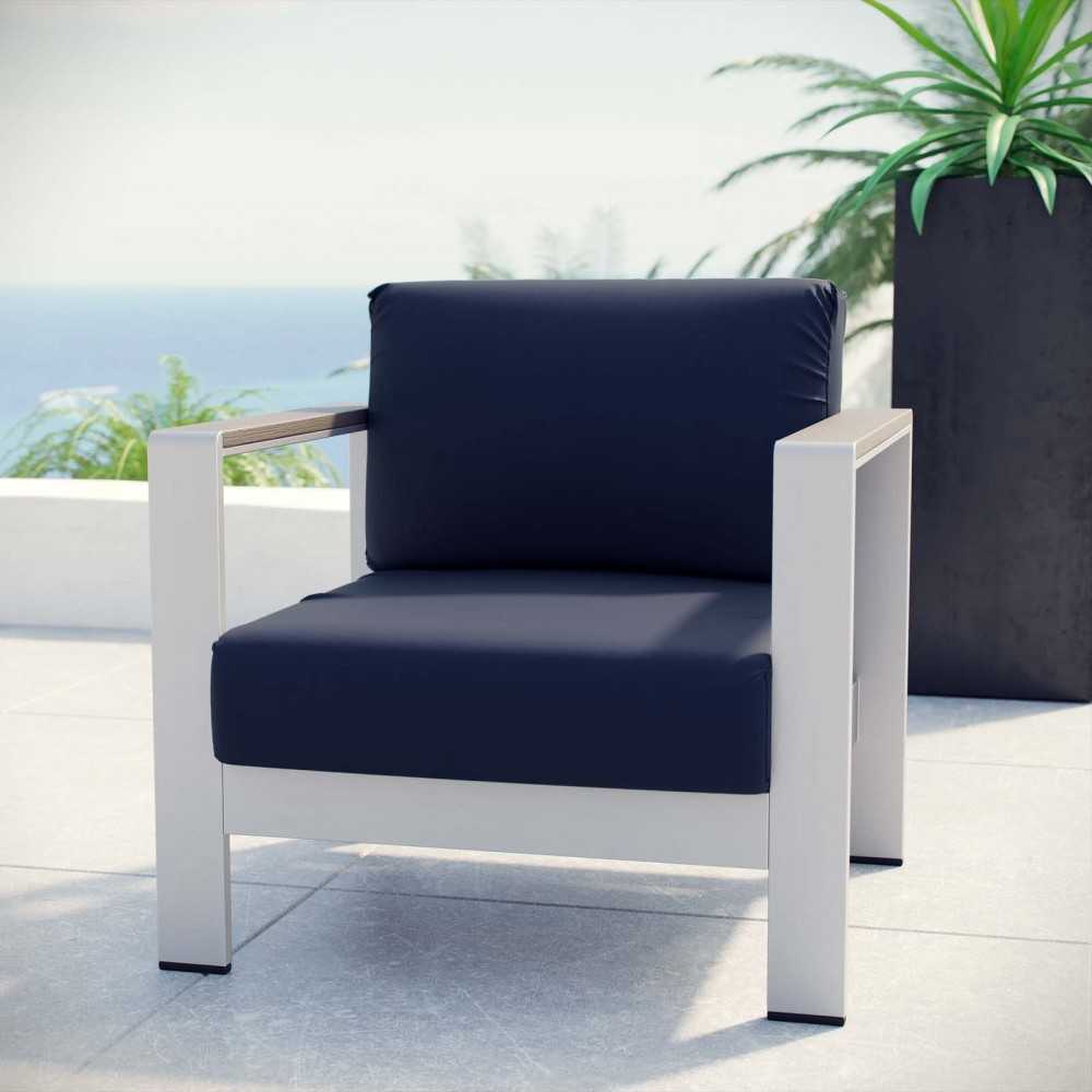 Shore Outdoor Patio Aluminum Armchair, Silver Navy