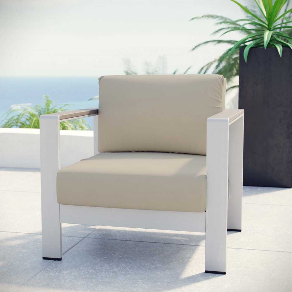 Shore Outdoor Patio Aluminum Armchair, Silver Beige