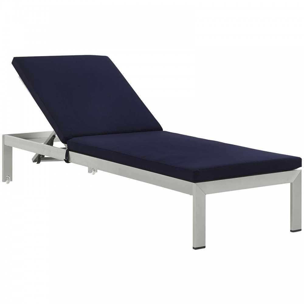 Shore Outdoor Patio Aluminum Chaise with Cushions, Silver Navy, EEI-4501-SLV-NAV