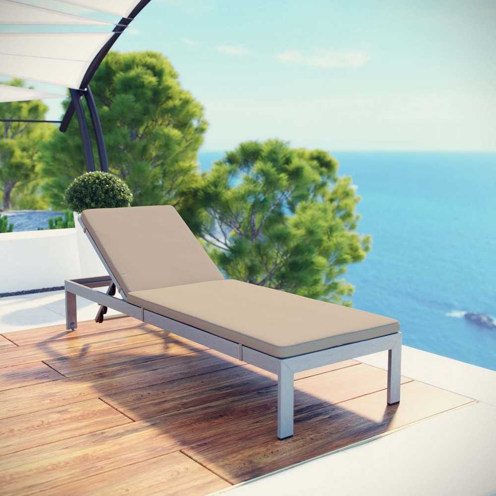 Shore Outdoor Patio Aluminum Chaise with Cushions, Silver Beige, EEI-5547-SLV-BEI