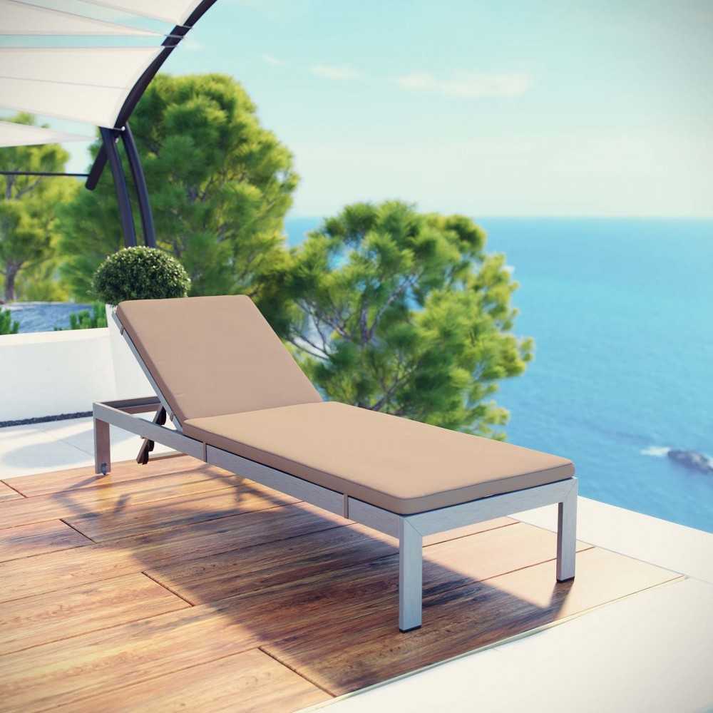 Shore Outdoor Patio Aluminum Chaise with Cushions, Silver Mocha, EEI-5547-SLV-MOC