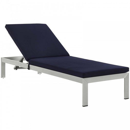 Shore Outdoor Patio Aluminum Chaise with Cushions, Silver Navy, EEI-5547-SLV-NAV