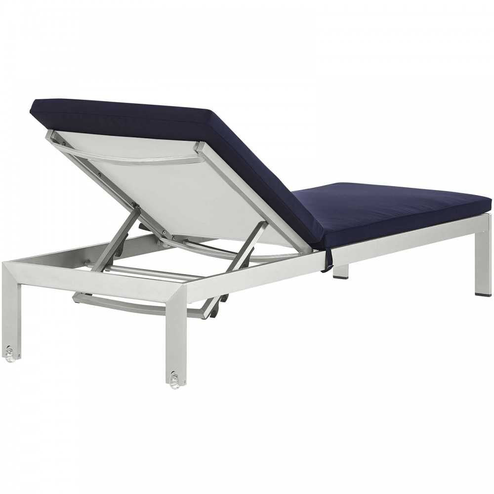 Shore Outdoor Patio Aluminum Chaise with Cushions, Silver Navy, EEI-5547-SLV-NAV