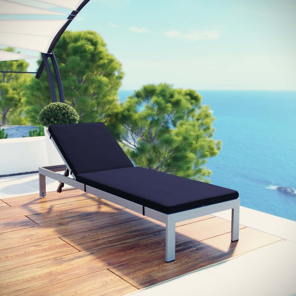 Shore Outdoor Patio Aluminum Chaise with Cushions, Silver Navy, EEI-5547-SLV-NAV