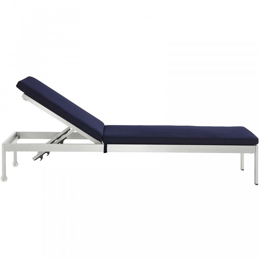 Shore Outdoor Patio Aluminum Chaise with Cushions, Silver Navy, EEI-5547-SLV-NAV