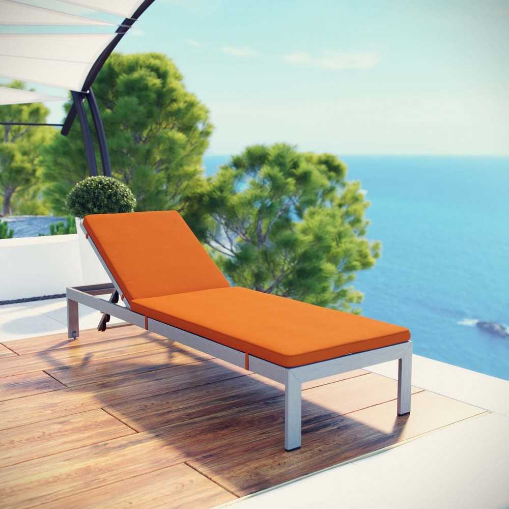 Shore Outdoor Patio Aluminum Chaise with Cushions, Silver Orange, EEI-5547-SLV-ORA