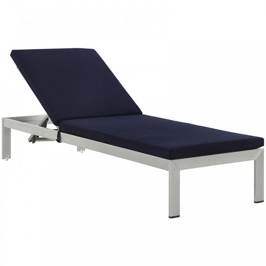 Shore Outdoor Patio Aluminum Chaise with Cushions, Silver Navy, EEI-2660-SLV-NAV