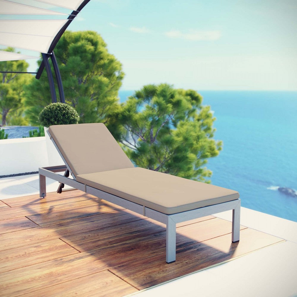Shore Outdoor Patio Aluminum Chaise with Cushions, Silver Beige, EEI-4501-SLV-BEI